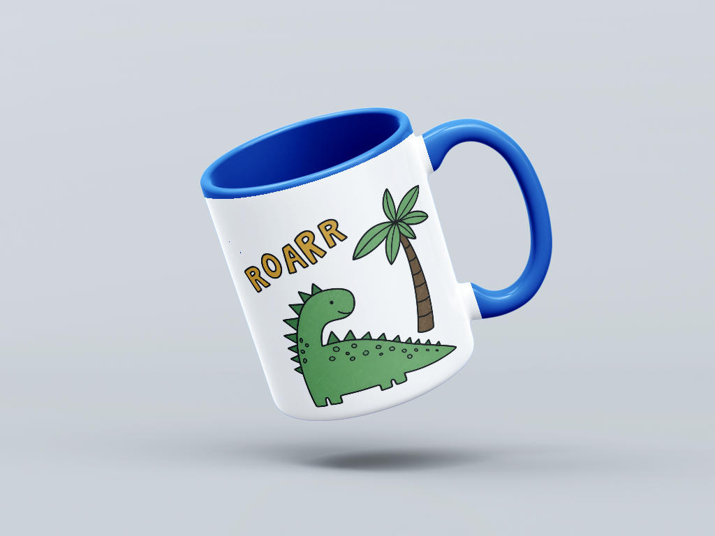 Floating ceramic mug mockup with dinosaur ROARR design