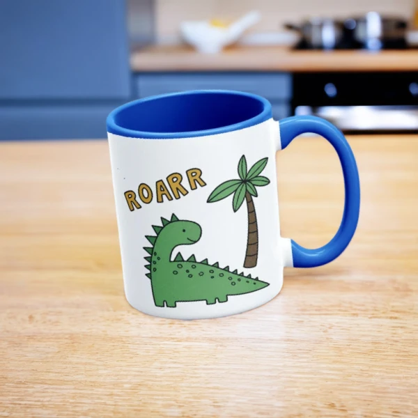 AI lifestyle scene showing dinosaur ROARR mug on kitchen counter