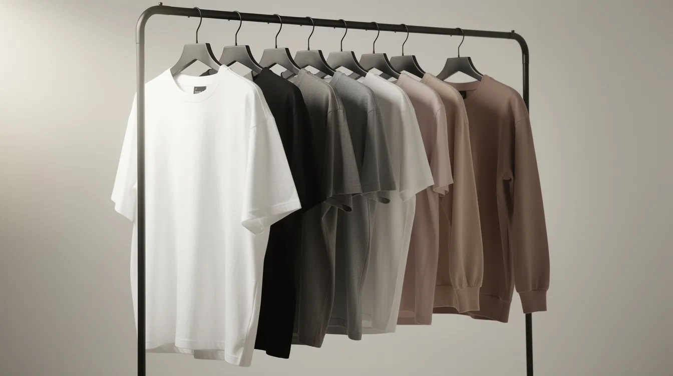 The image features a clothing rack displaying a variety of t-shirt styles, including oversized, fitted, and long-sleeve shirts, showcasing different colors and designs. This collection serves as an example for those looking to create t-shirt mockups for their online store or print on demand business.