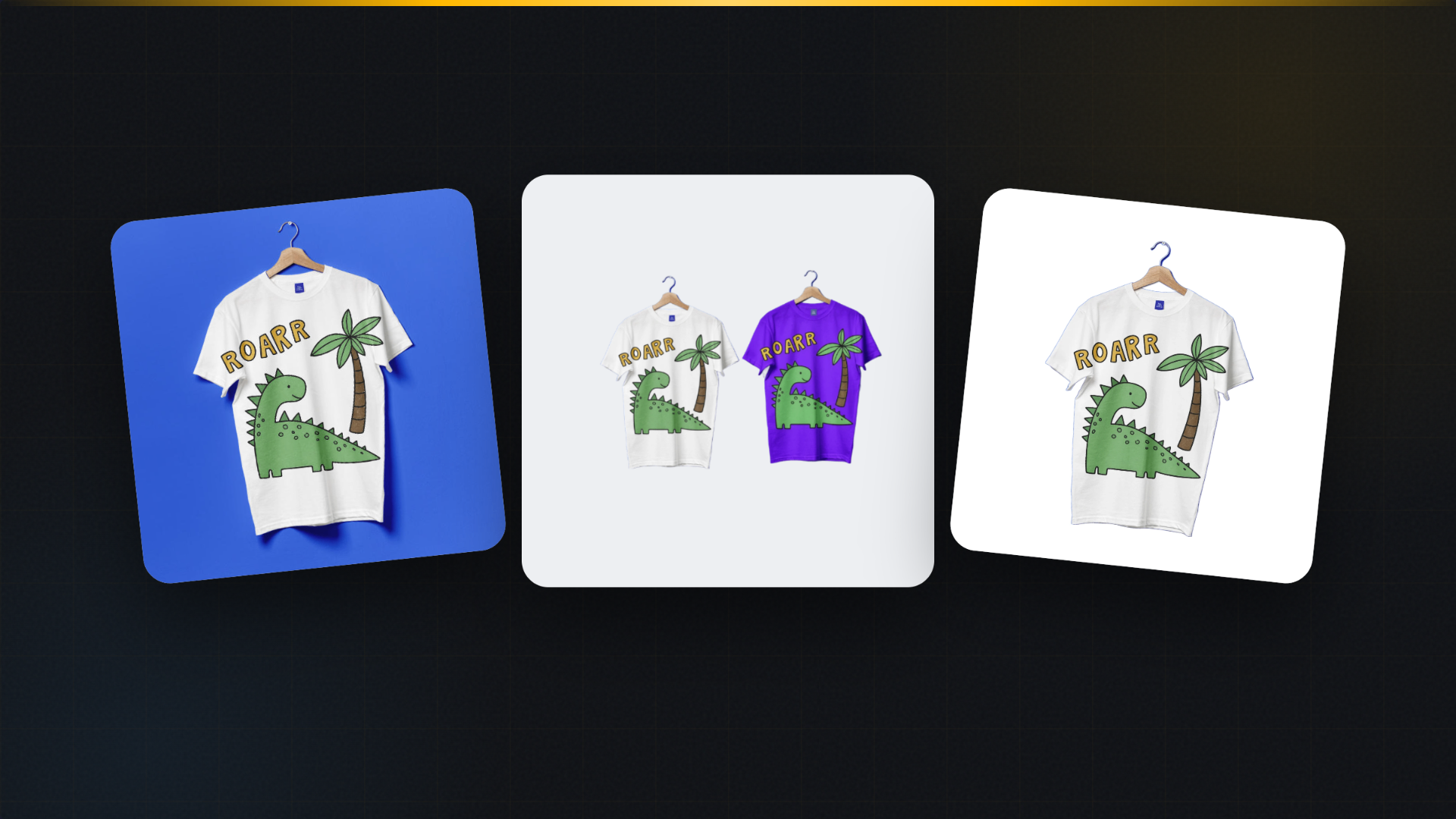 The same t-shirt design shown across three different colour variants