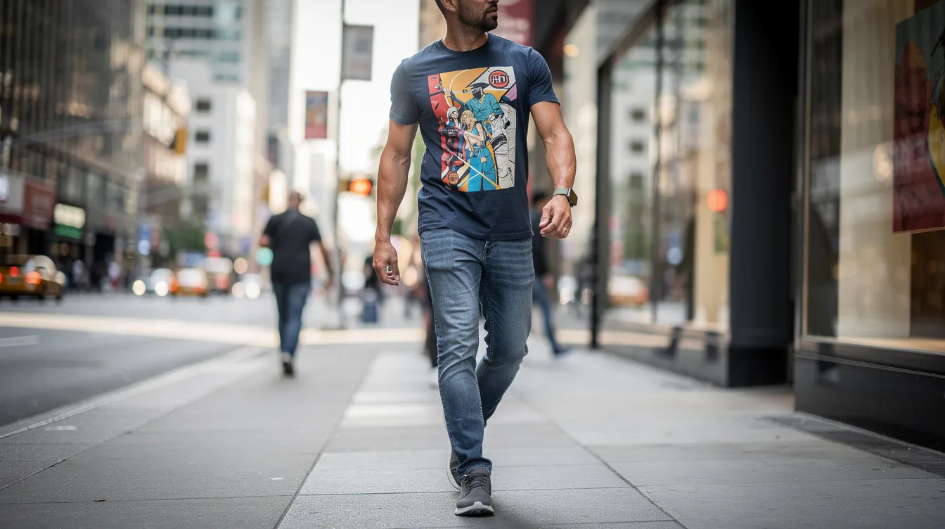 A person is walking on a city sidewalk, wearing a stylish graphic t-shirt that showcases a unique design. This image captures the essence of urban fashion, perfect for t-shirt mockups and showcasing apparel in an online store.