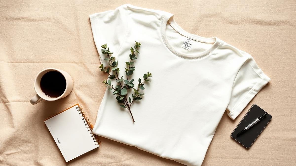 Top-down flat lay of a cream t-shirt on linen with eucalyptus, a coffee mug and a notebook