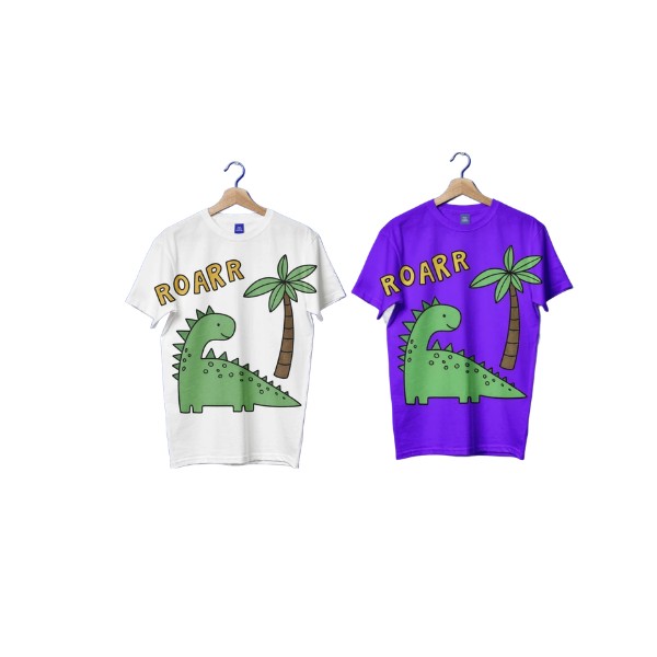 Change color to any code showing dinosaur ROARR t-shirt in white and purple variants