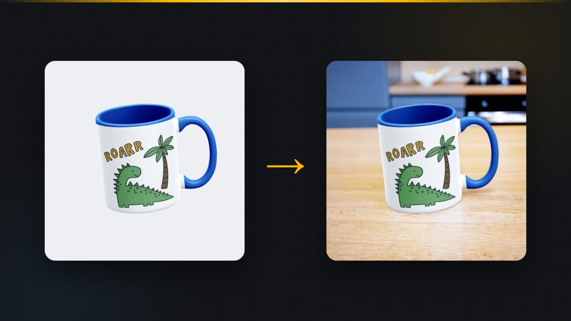 Plain white mug photo beside the same mug staged in a kitchen scene