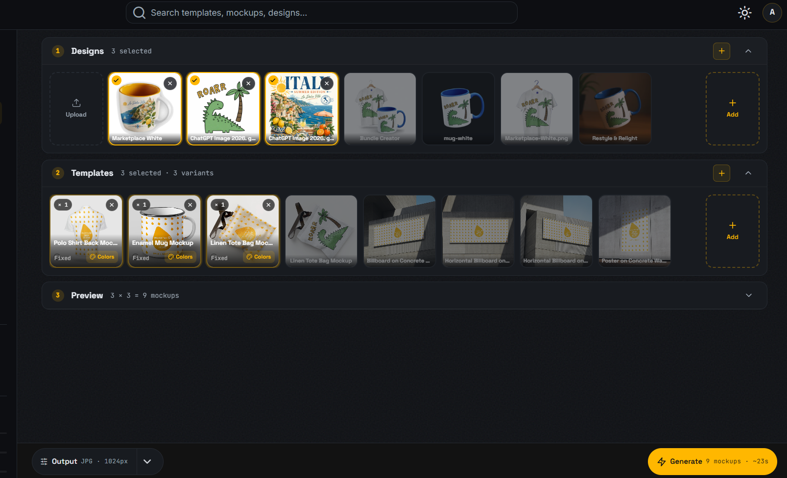 MockItReal compose interface showing designs, templates, and preview for batch mockup generation