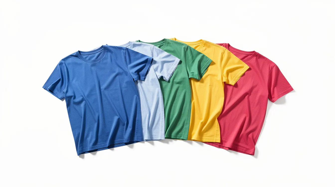 Several colorful t-shirts laid flat on a clean white background, showcasing a variety of designs and styles for creating t-shirt mockups