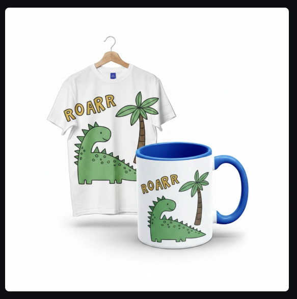Composed bundle grid showing dinosaur ROARR t-shirt and mug together
