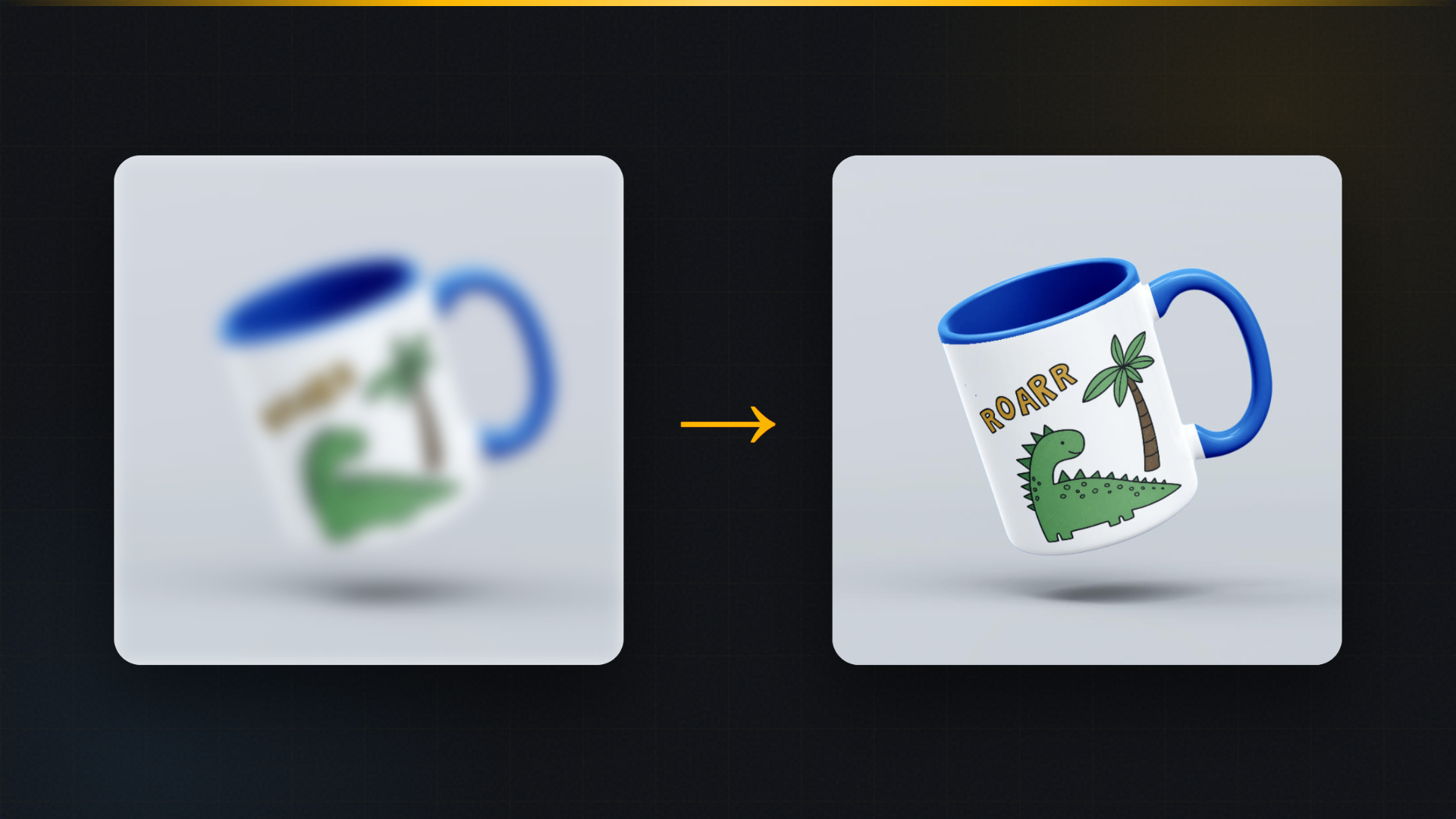 Blurry mug design beside the same design sharp after AI upscaling