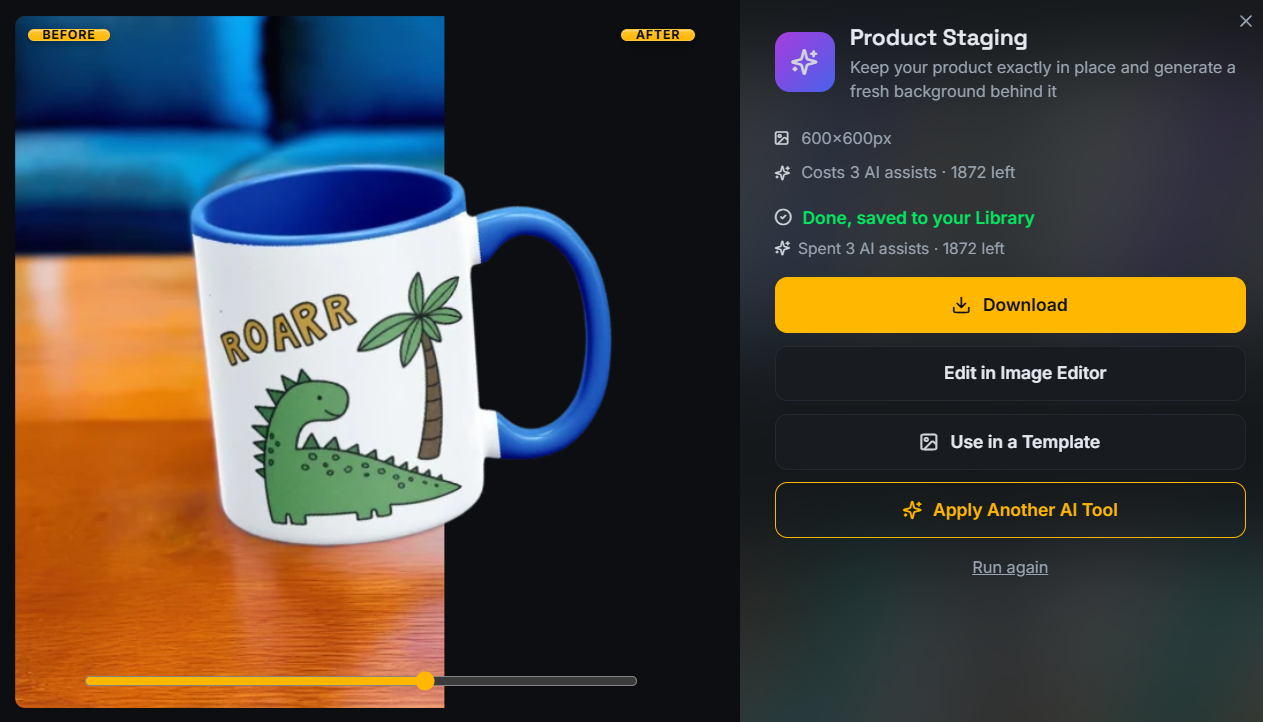 Before and after showing a plain product shot turned into an AI lifestyle scene