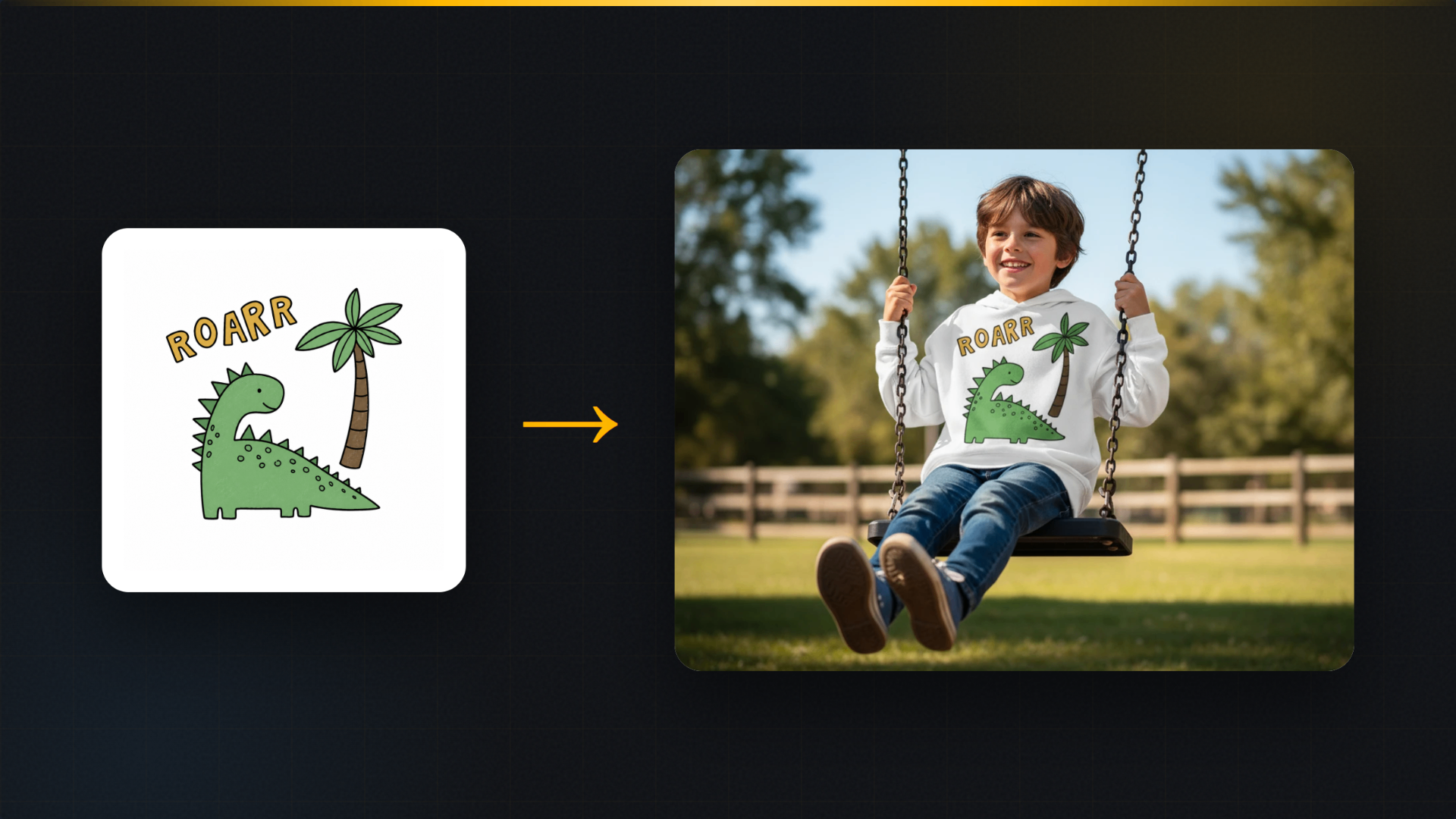 Flat design file beside a lifestyle photo of a child wearing the printed hoodie on a swing
