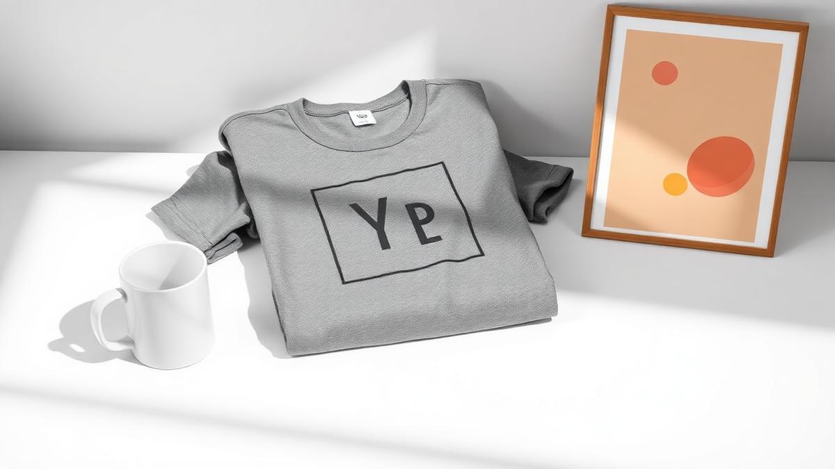 A printed t-shirt, mug and framed poster mockup on a bright studio surface