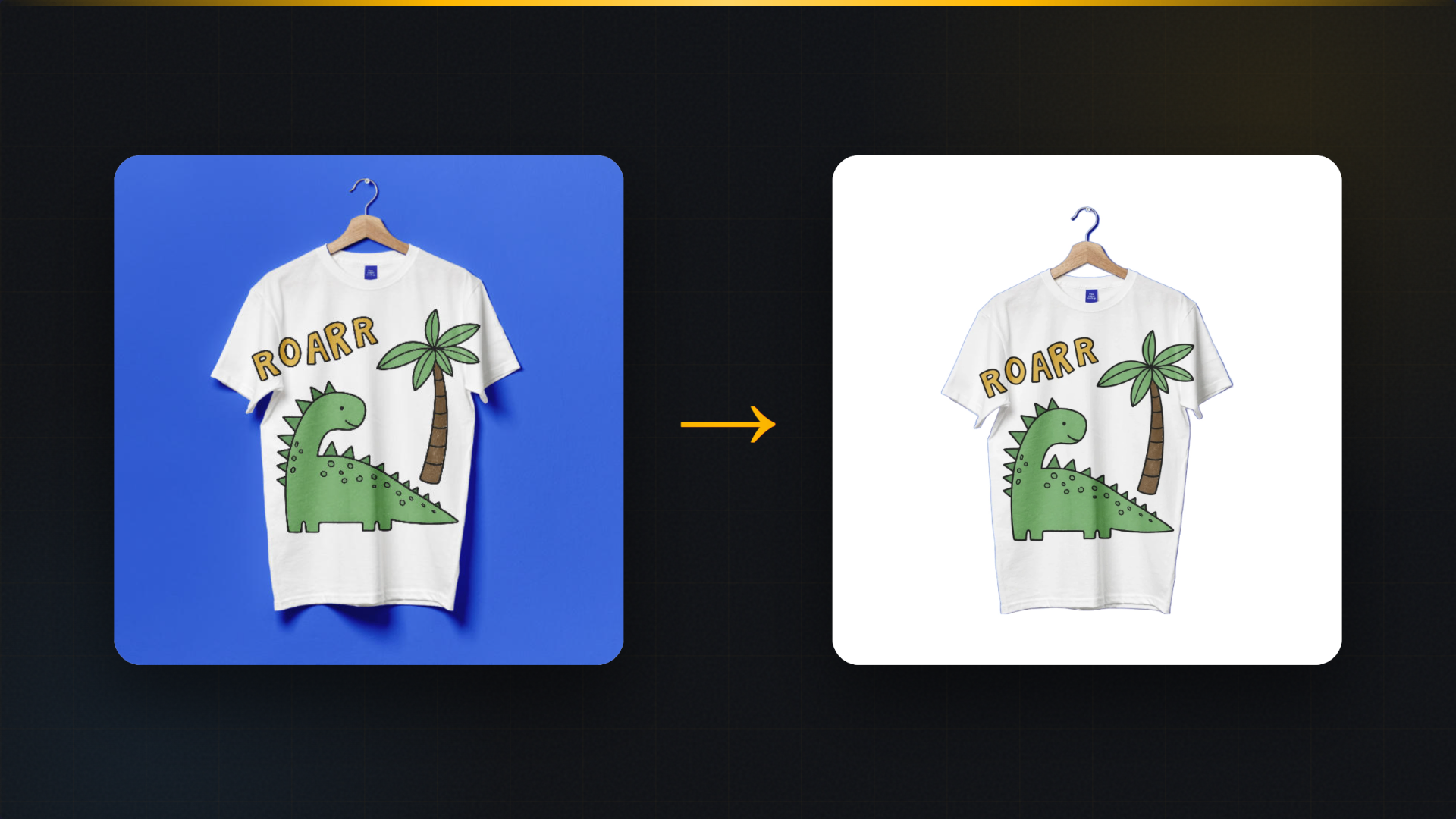 Product photo on a coloured background beside the same t-shirt on a pure white background