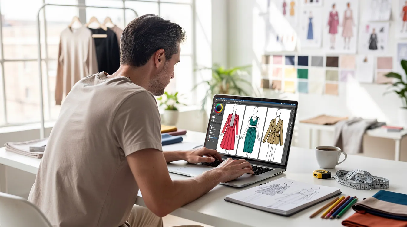 A designer is intently reviewing clothing designs on a laptop screen in a bright and organized workspace, showcasing various t shirt mockups and customization options for a print on demand business. The vibrant environment suggests creativity and focus as the designer works on enhancing their apparel collection.