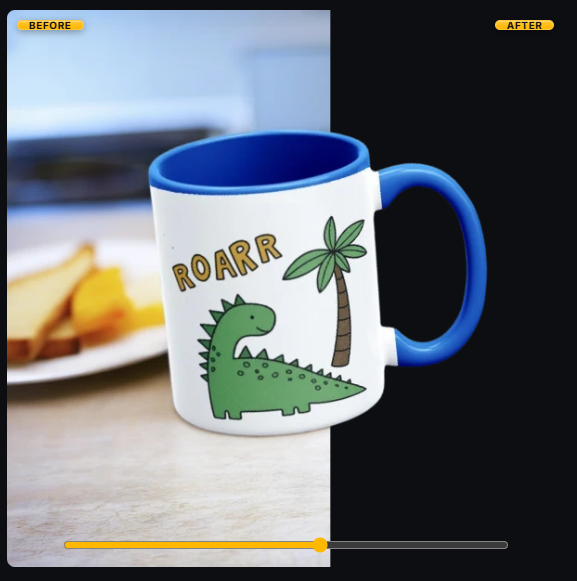 Before and after: dinosaur ROARR mug placed in a lifestyle kitchen scene