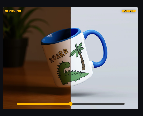 Before and after: dinosaur ROARR mug enhanced from soft photo to sharp product image