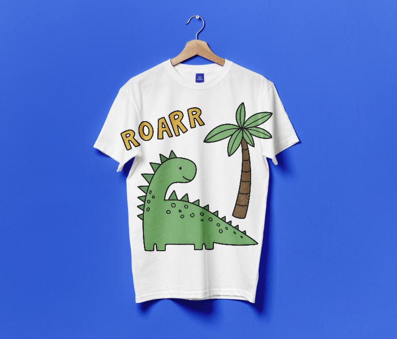 T-shirt mockup showing dinosaur ROARR design on white hanging t-shirt