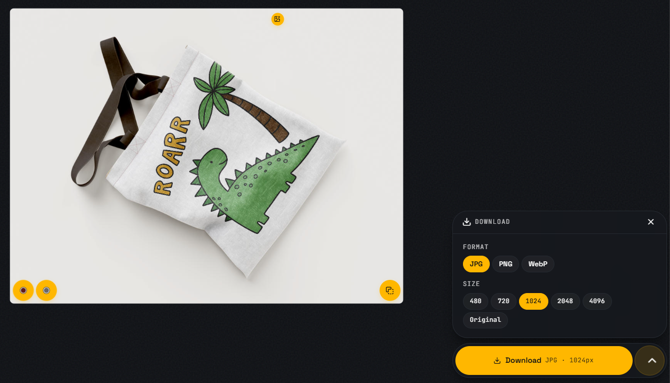 MockItReal download panel showing tote bag mockup with JPG, PNG, WebP format and size options