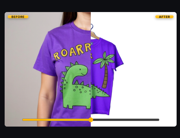 Before and after: dinosaur ROARR t-shirt cleaned up from cluttered photo to clean white shot
