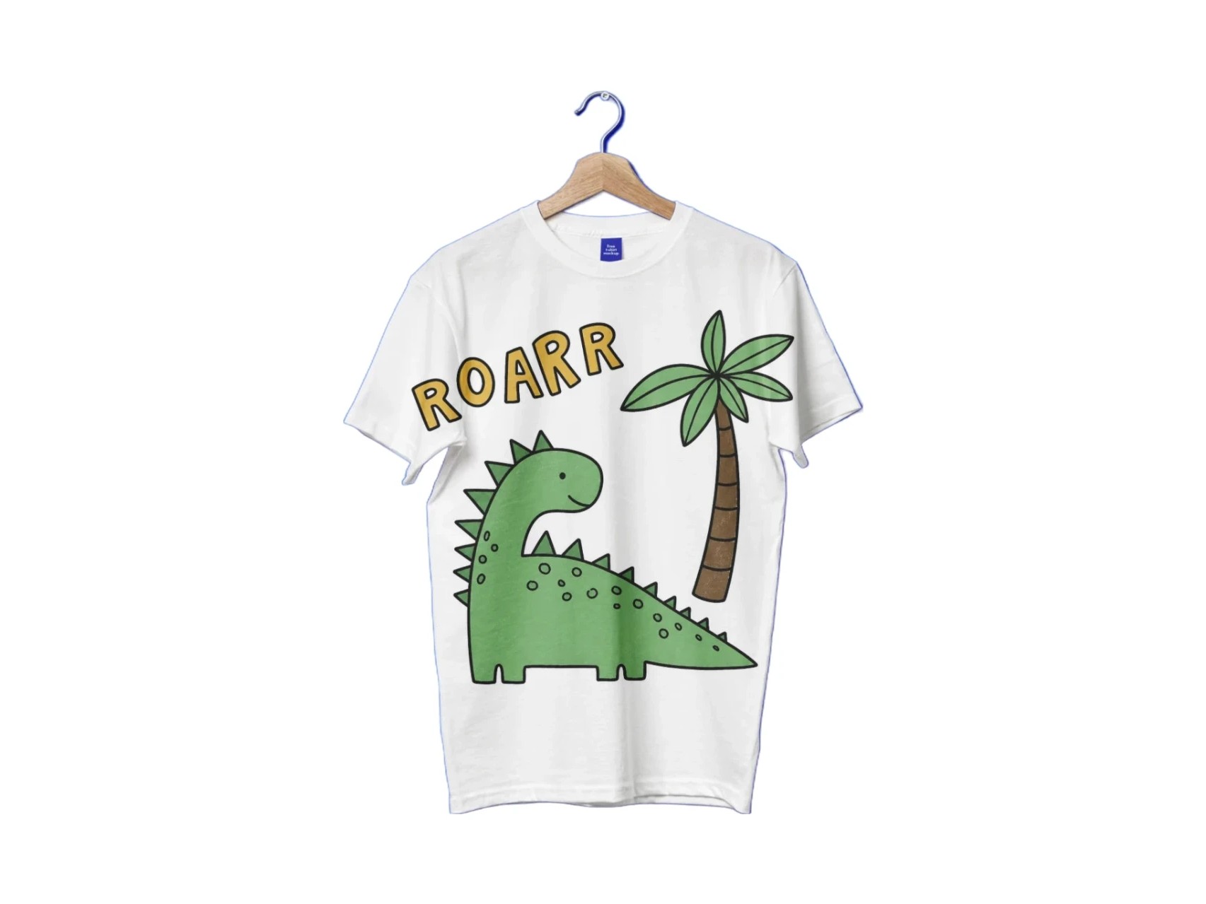 Clean white marketplace product shot of dinosaur ROARR t-shirt on hanger