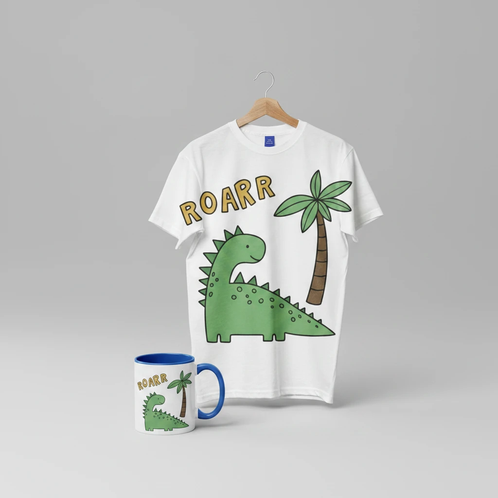 AI-generated product bundle showing dinosaur ROARR t-shirt and mug together