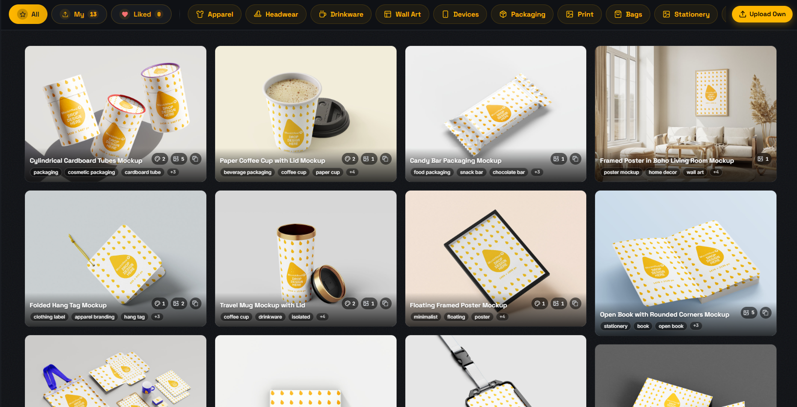 MockItReal editor showing one design applied to many product mockups